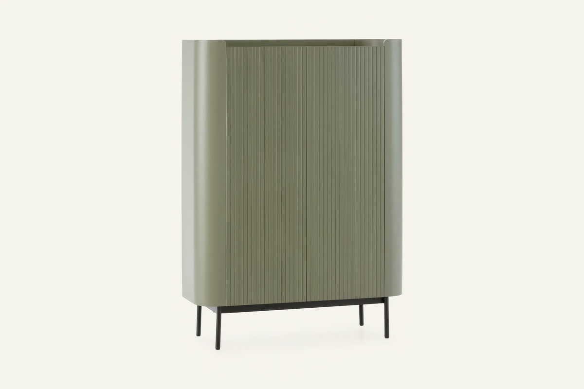 The Camogli Fluted Highboard in sage, tall fluted highboard with rounded ends, studio view