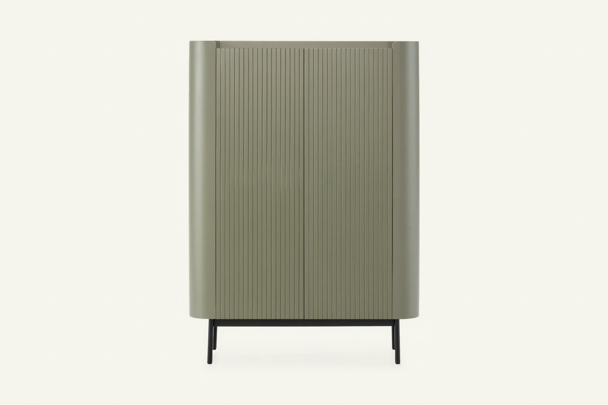 The Camogli Fluted Highboard in sage, tall fluted highboard with rounded ends, studio view