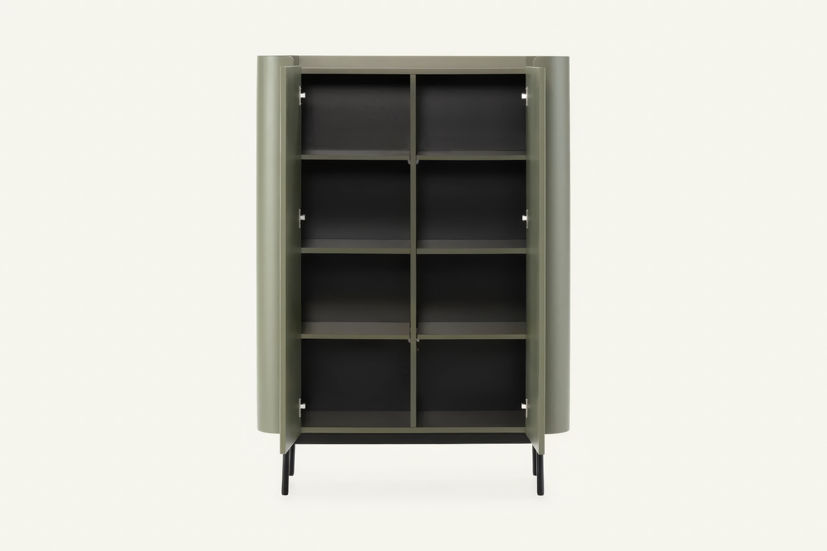 The Camogli Fluted Highboard in sage, tall fluted highboard with rounded ends, studio view