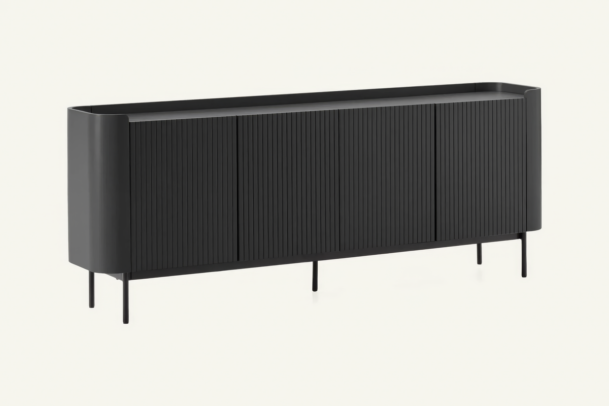 The Camogli Fluted Sideboard in black, fluted sideboard with rounded ends, studio view