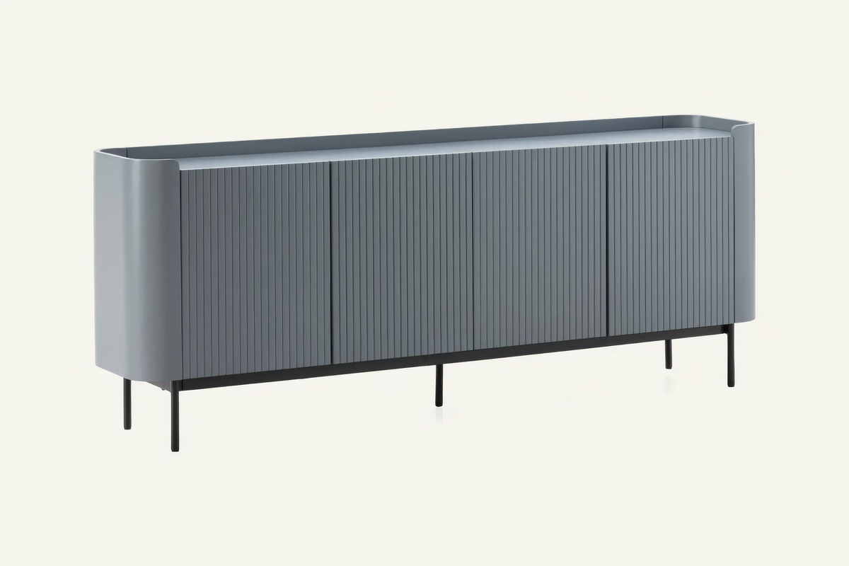 The Camogli Fluted Sideboard in blue, fluted sideboard with rounded ends, studio view