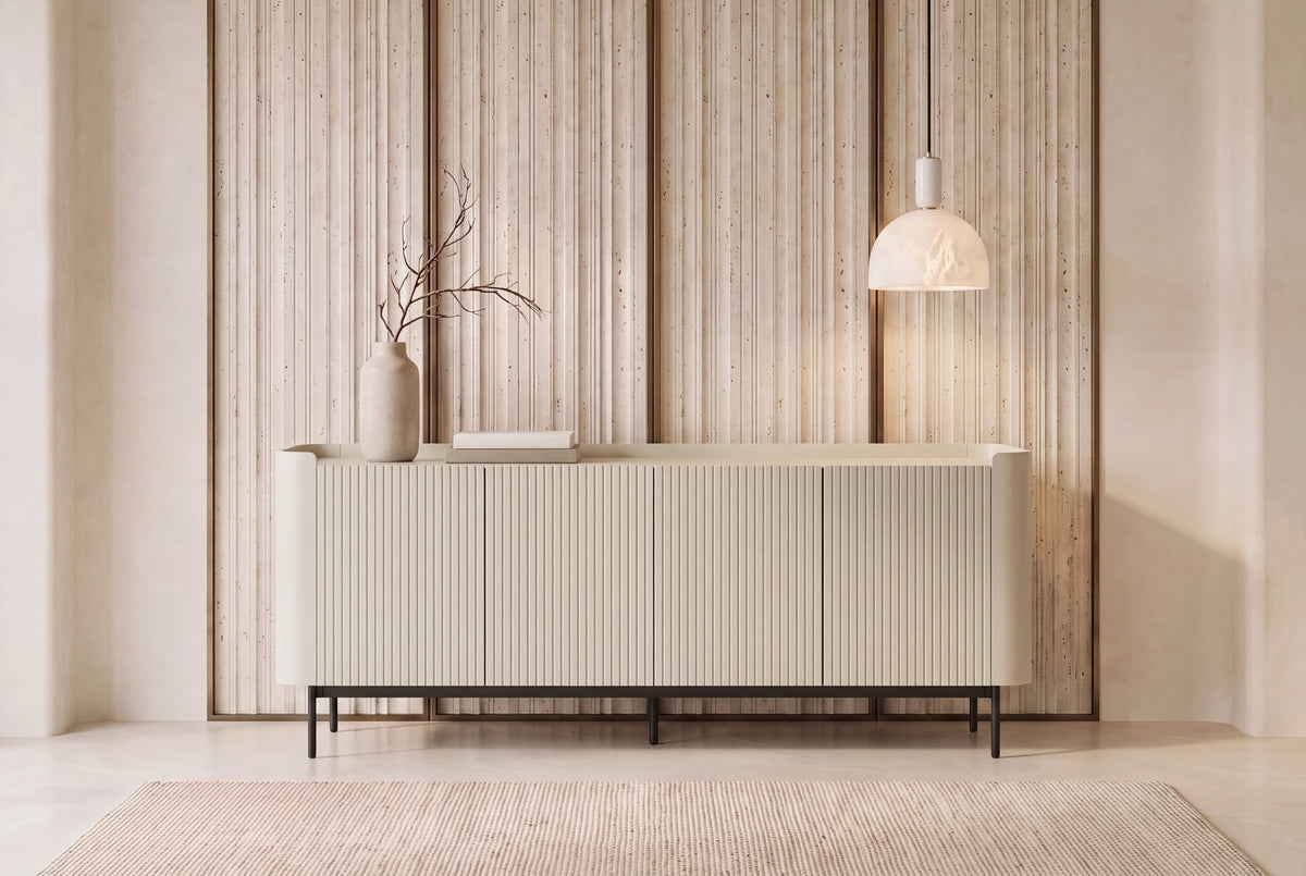 The Camogli Fluted Sideboard in cream, fluted sideboard with rounded ends, styled in a room