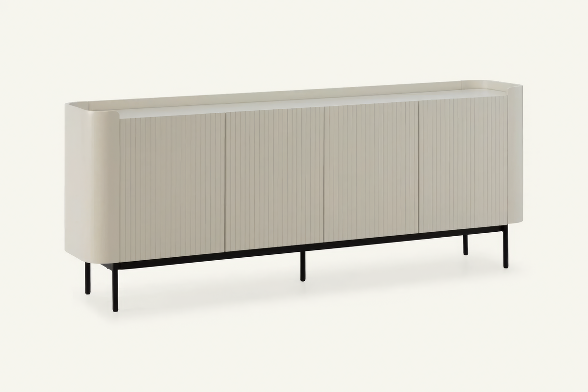 The Camogli Fluted Sideboard in cream, fluted sideboard with rounded ends, studio view