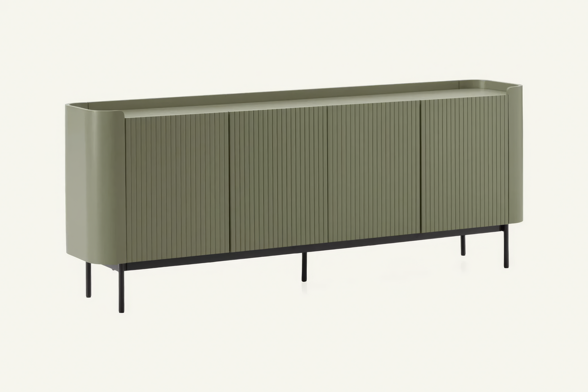 The Camogli Fluted Sideboard in sage, fluted sideboard with rounded ends, studio view