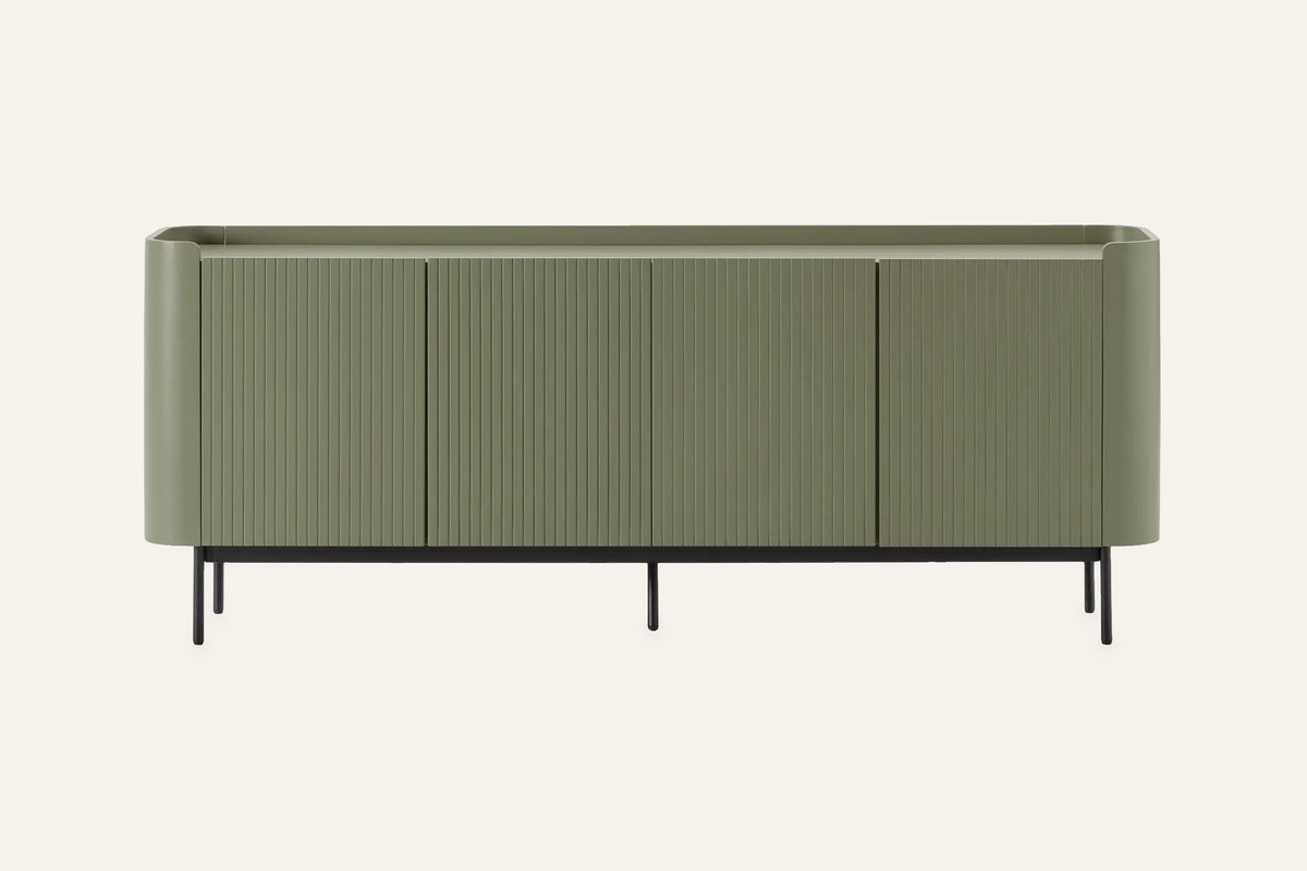 The Camogli Fluted Sideboard in sage, fluted sideboard with rounded ends, studio view