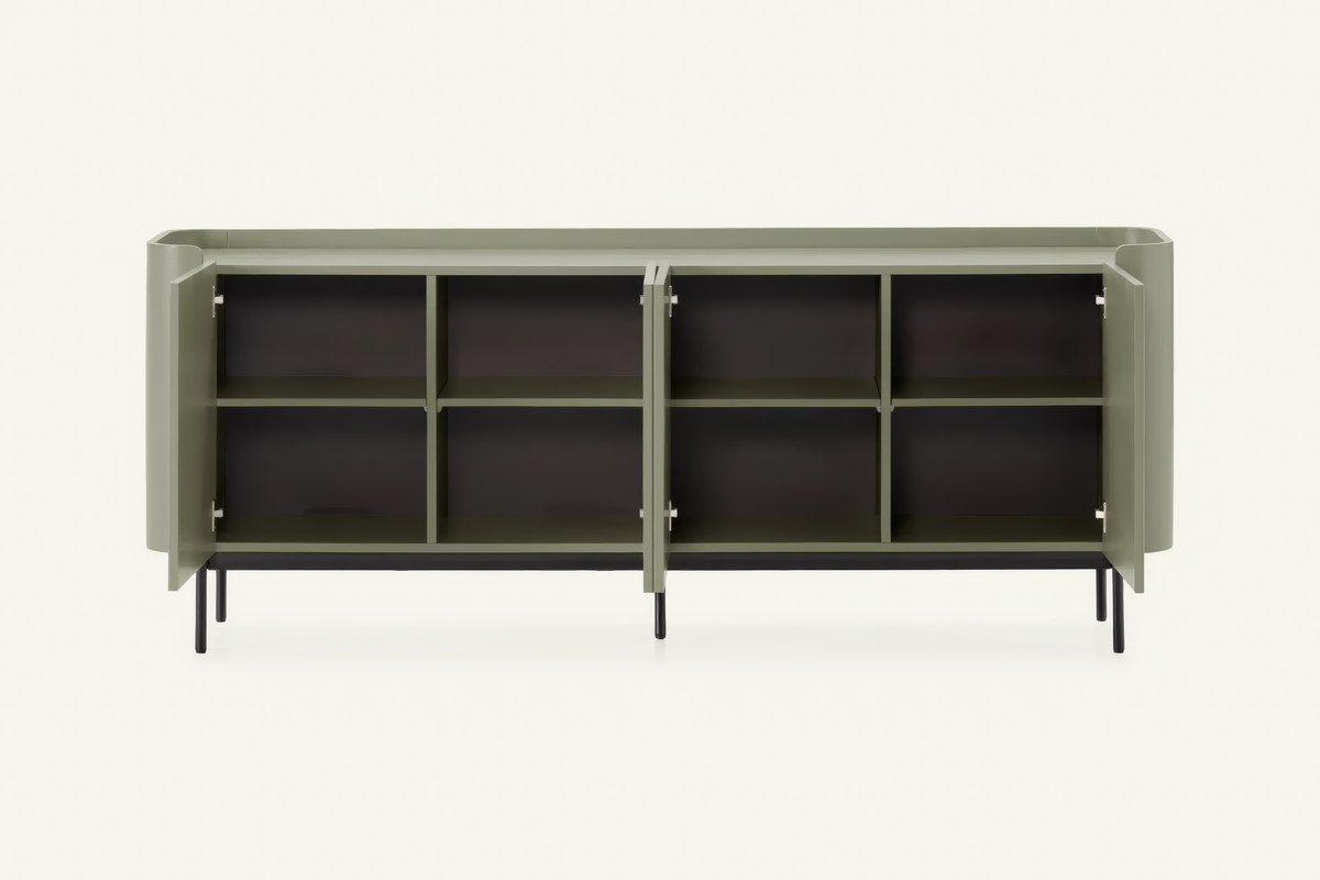 The Camogli Fluted Sideboard in sage, fluted sideboard with rounded ends, studio view