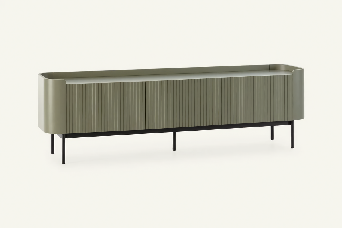 The Camogli Fluted TV Unit in sage, fluted TV unit with rounded ends, studio view