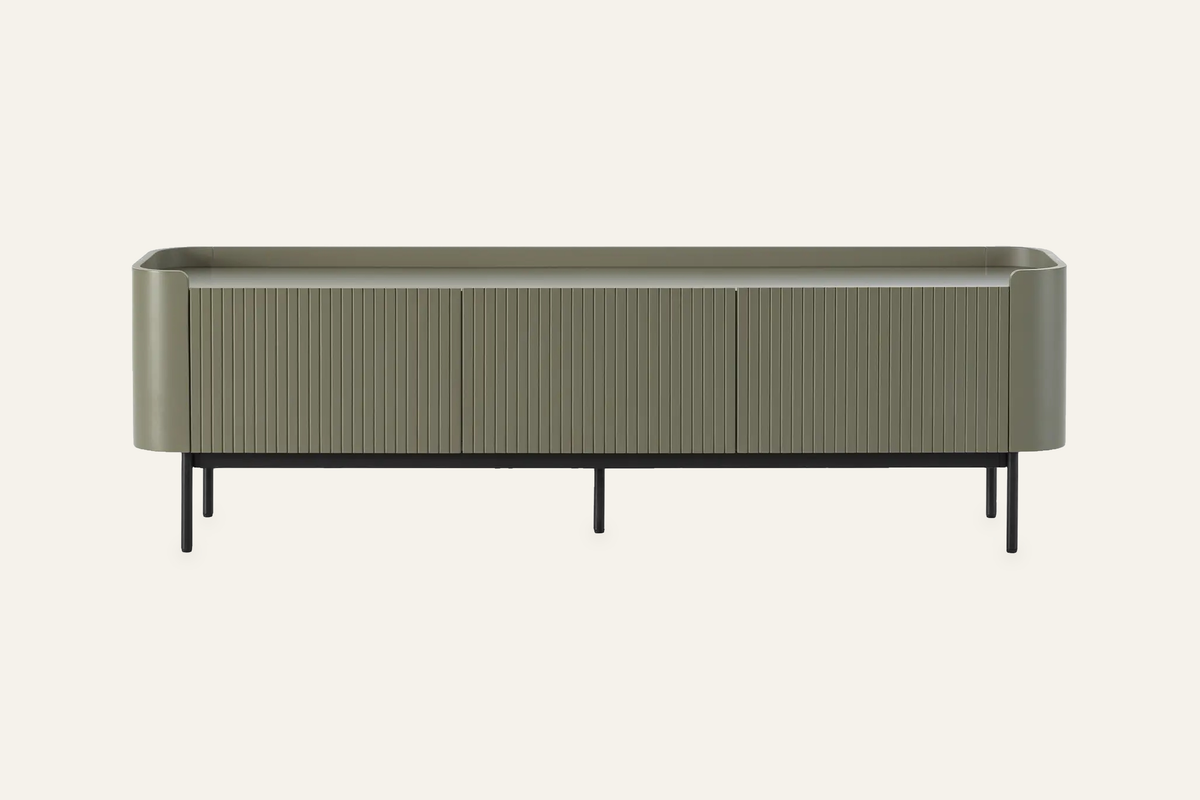 The Camogli Fluted TV Unit in sage, fluted TV unit with rounded ends, studio view