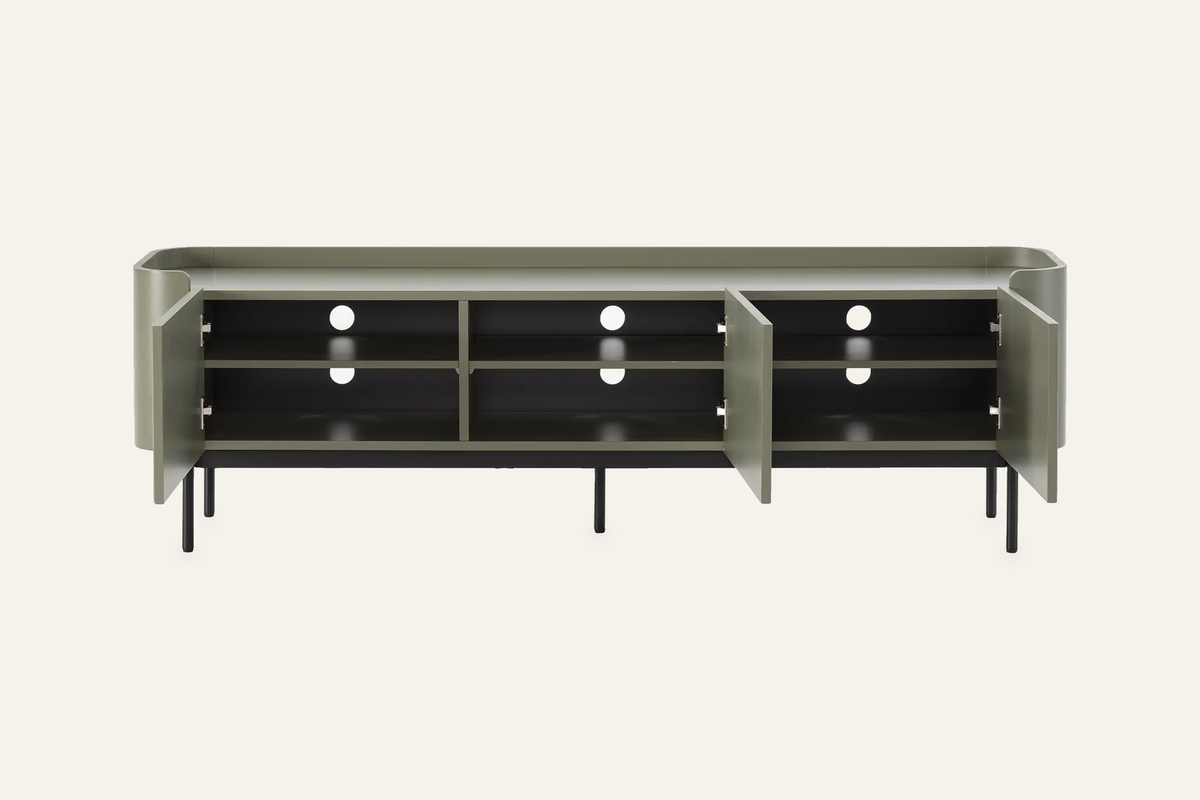 The Camogli Fluted TV Unit in sage, fluted TV unit with rounded ends, studio view