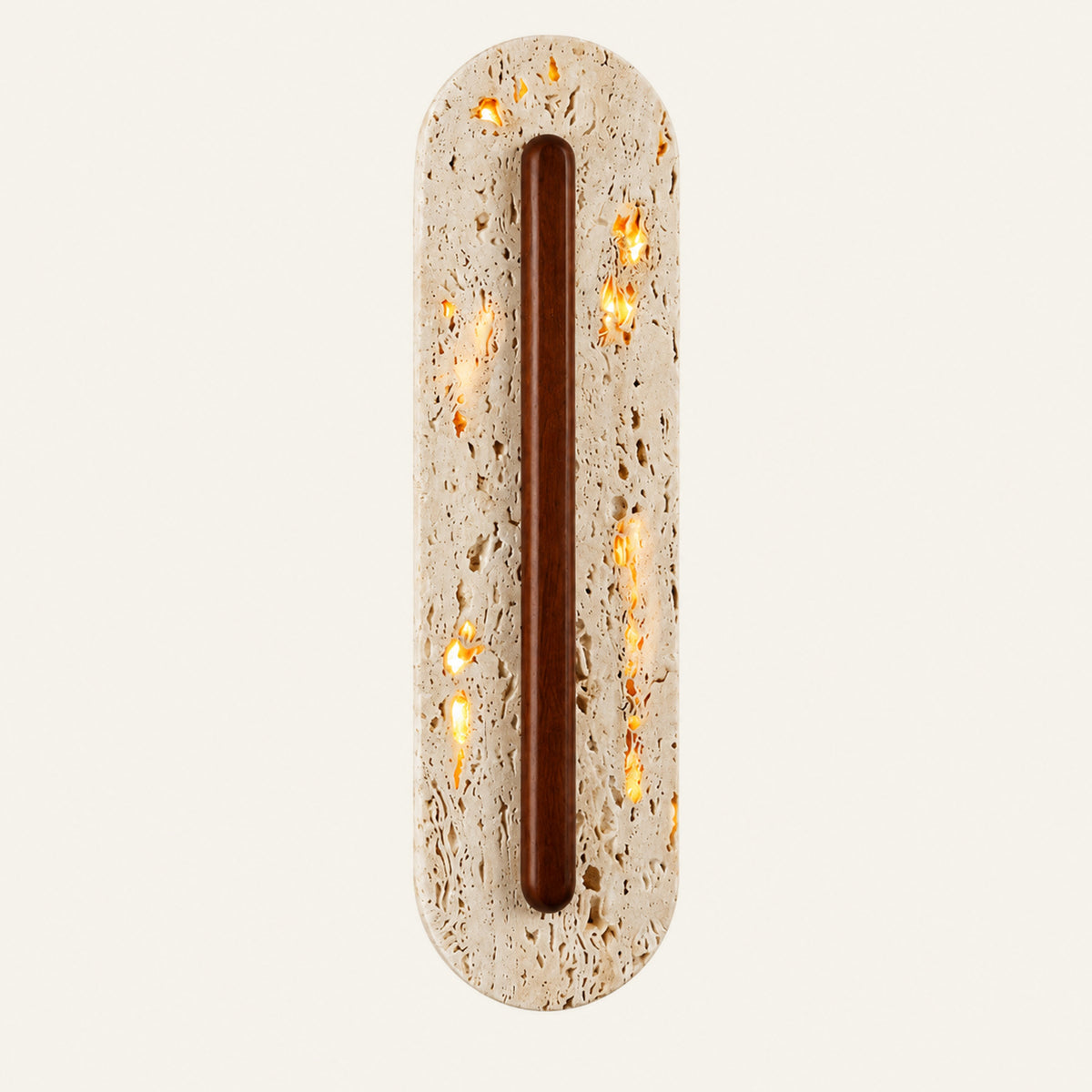 The Navetta travertine wall light, a slim stone capsule with a long vertical wooden bar