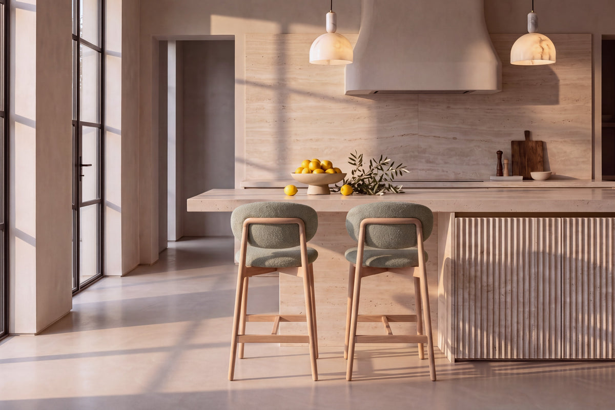 Two Cervo Counter Stools in green at a fluted travertine kitchen island beneath Cupola alabaster pendants