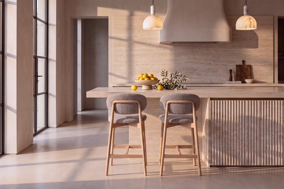 Two Cervo Counter Stools in taupe at a fluted travertine kitchen island beneath Cupola alabaster pendants