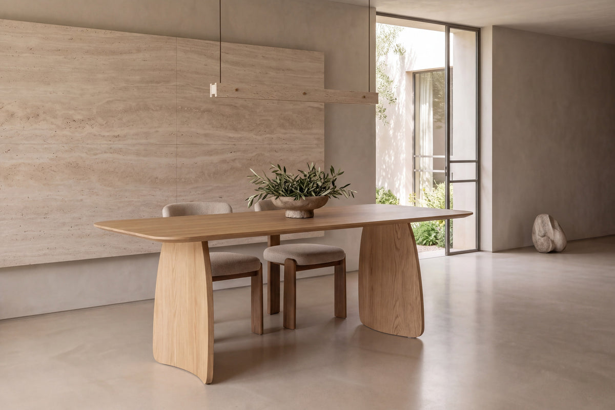 The Cuneo Dining Table in oak, room setting, Kunal Trehan