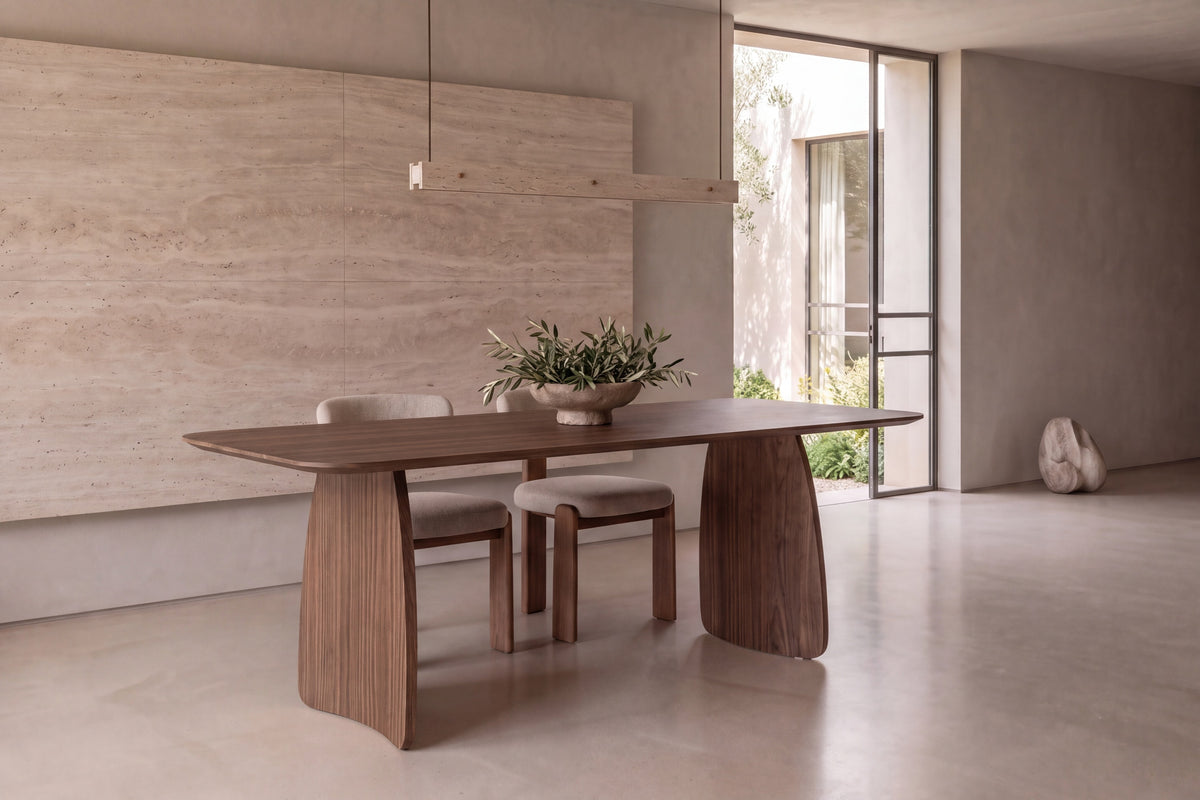 The Cuneo Dining Table in walnut, room setting, Kunal Trehan