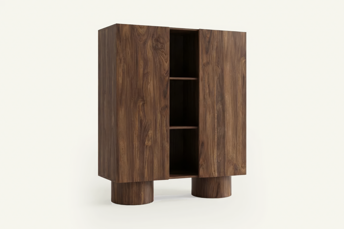 The Faenza Highboard in walnut, walnut highboard on round pillar feet, studio view