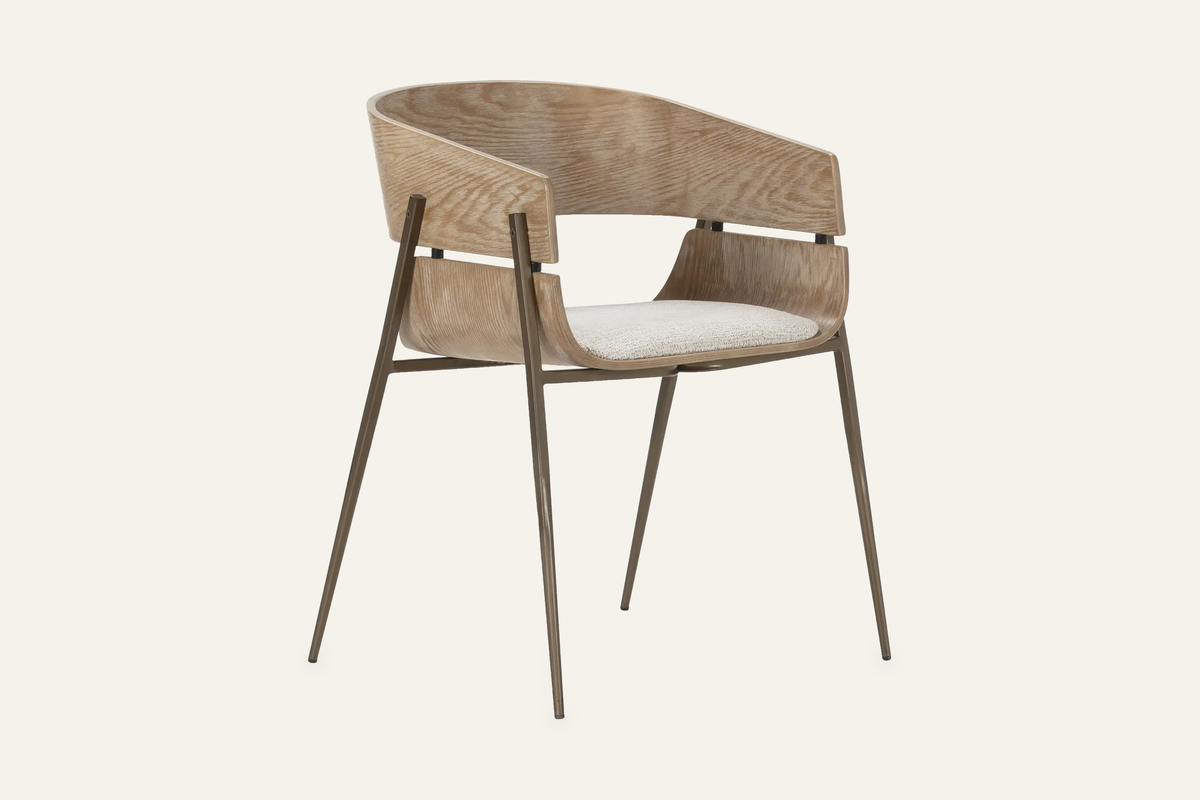 The Fano Dining Chair, dining chair with a curved washed oak back, studio view