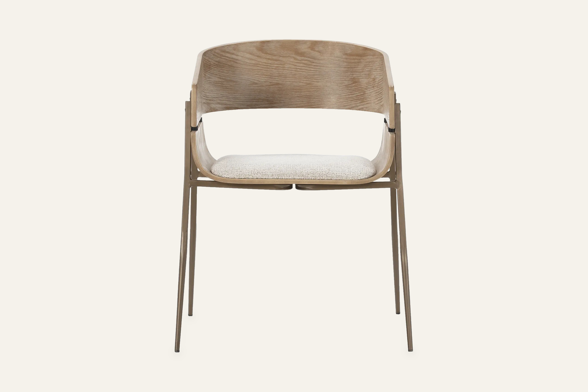 The Fano Dining Chair, dining chair with a curved washed oak back, studio view