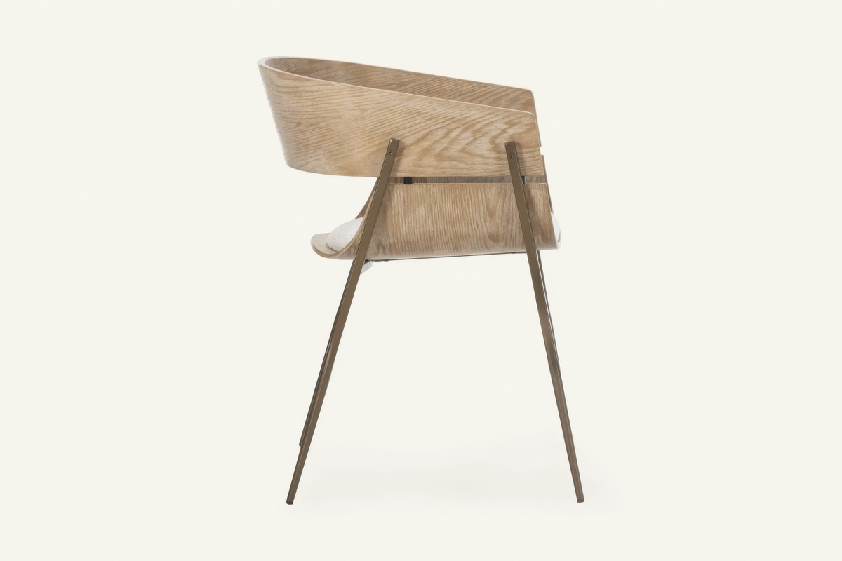 The Fano Dining Chair, dining chair with a curved washed oak back, studio view