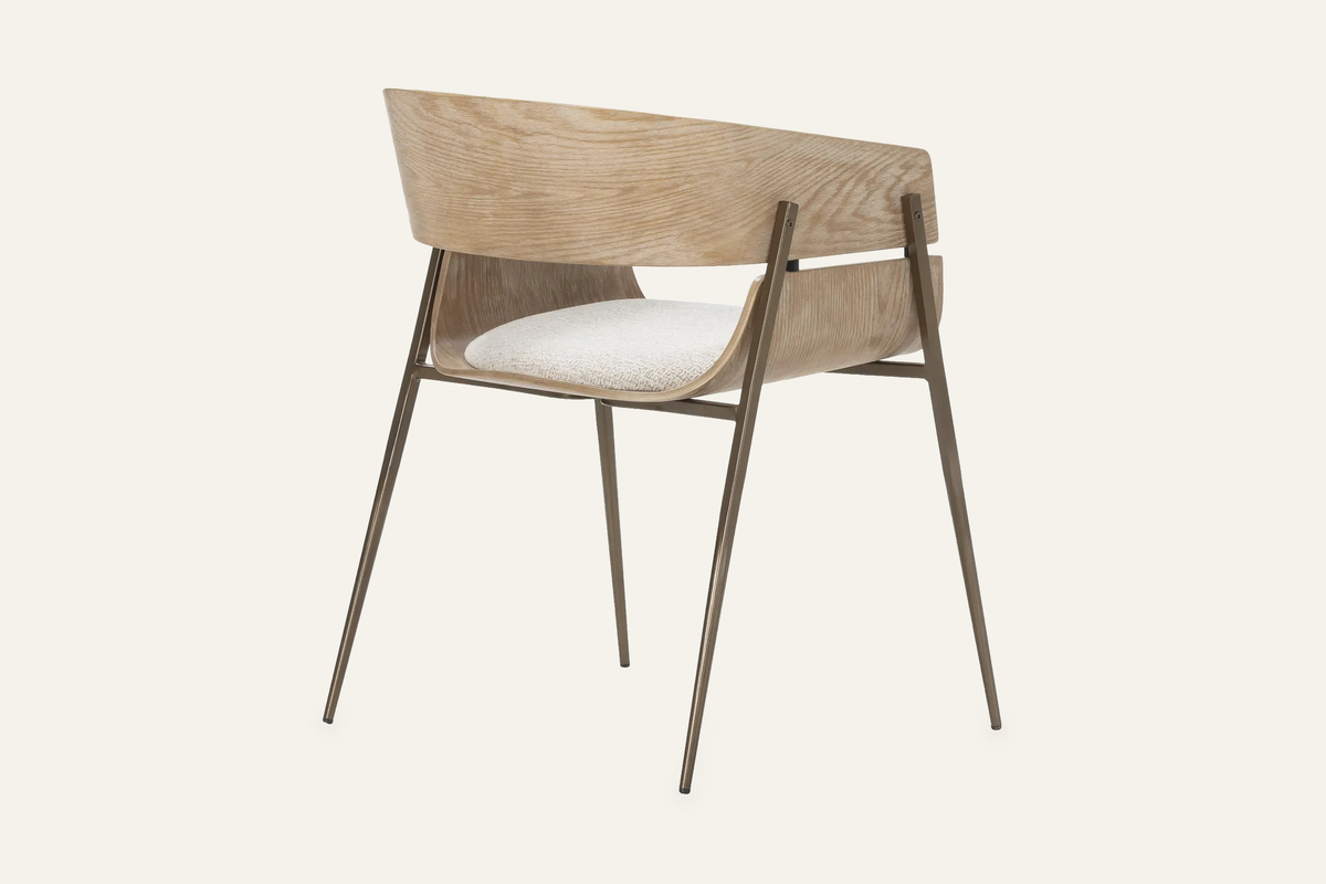 The Fano Dining Chair, dining chair with a curved washed oak back, studio view