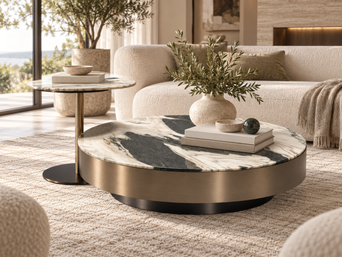 Living room with a curved sofa and round stone coffee table by Kunal Trehan