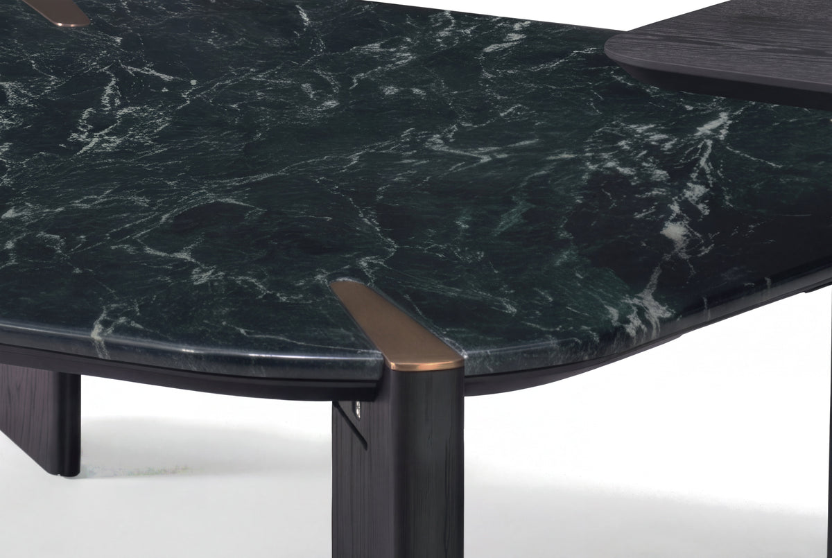 The Gaeta Marble Coffee Table Set, close-up of the green marble top and brass corner detail
