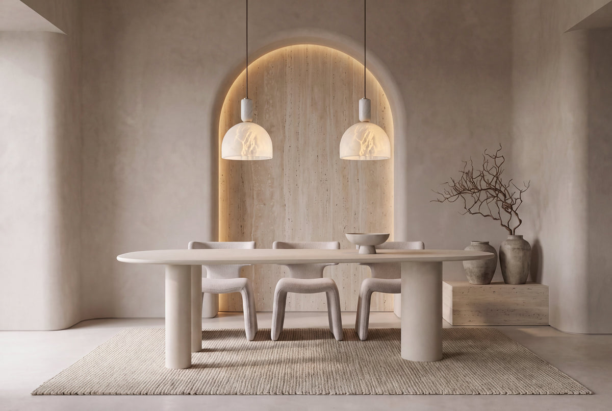 The Gaiole Oval Dining Table, cream concrete-effect oval dining table, styled in a room
