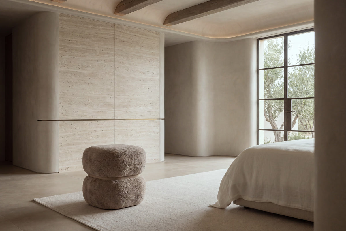 The Gallipoli pouffe in taupe boucle at the foot of a bed in a calm travertine bedroom