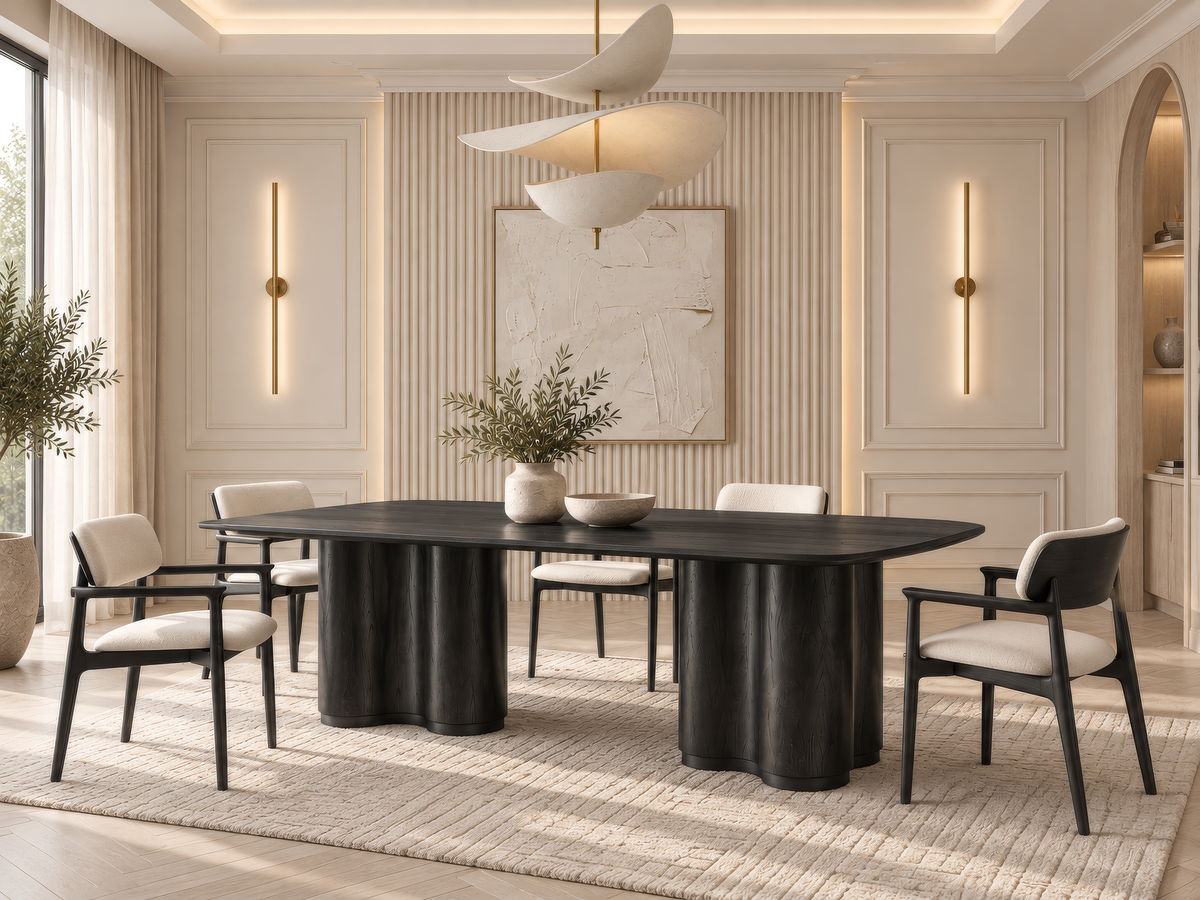 Designer dining room with a round table and upholstered chairs