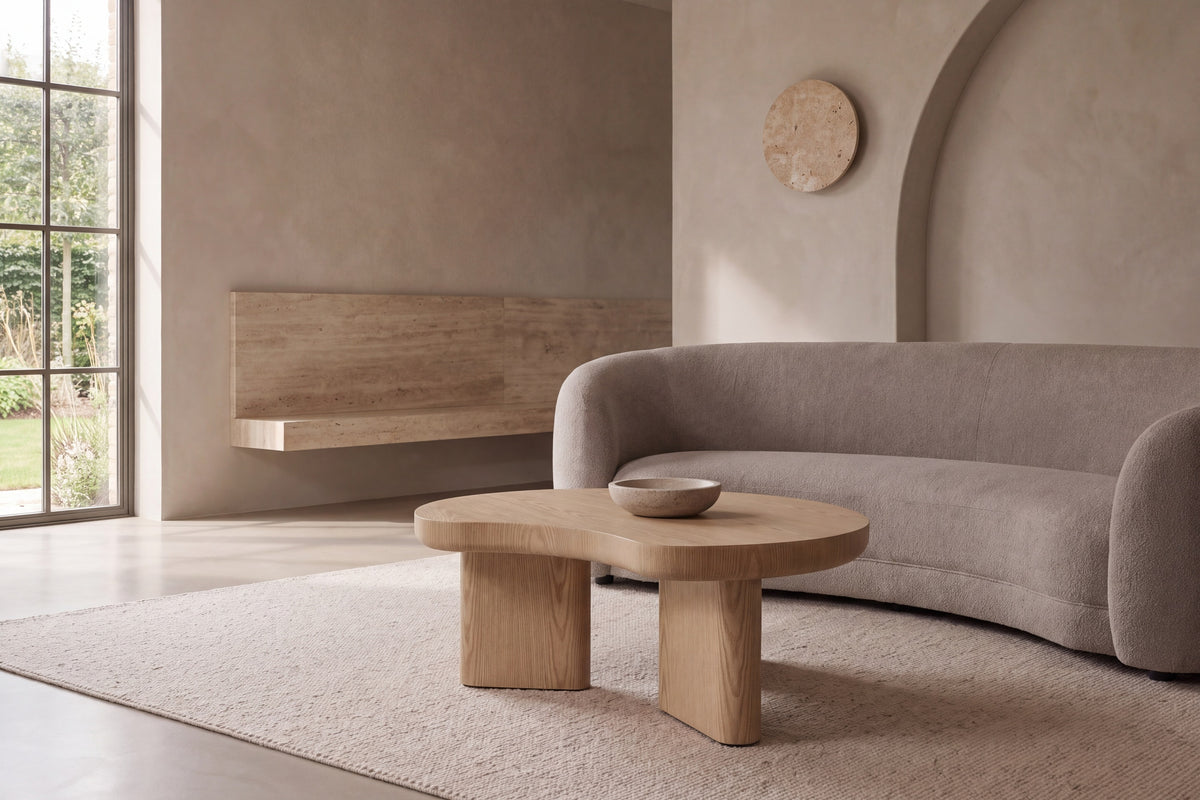 The Imola Coffee Table in oak, room setting, Kunal Trehan