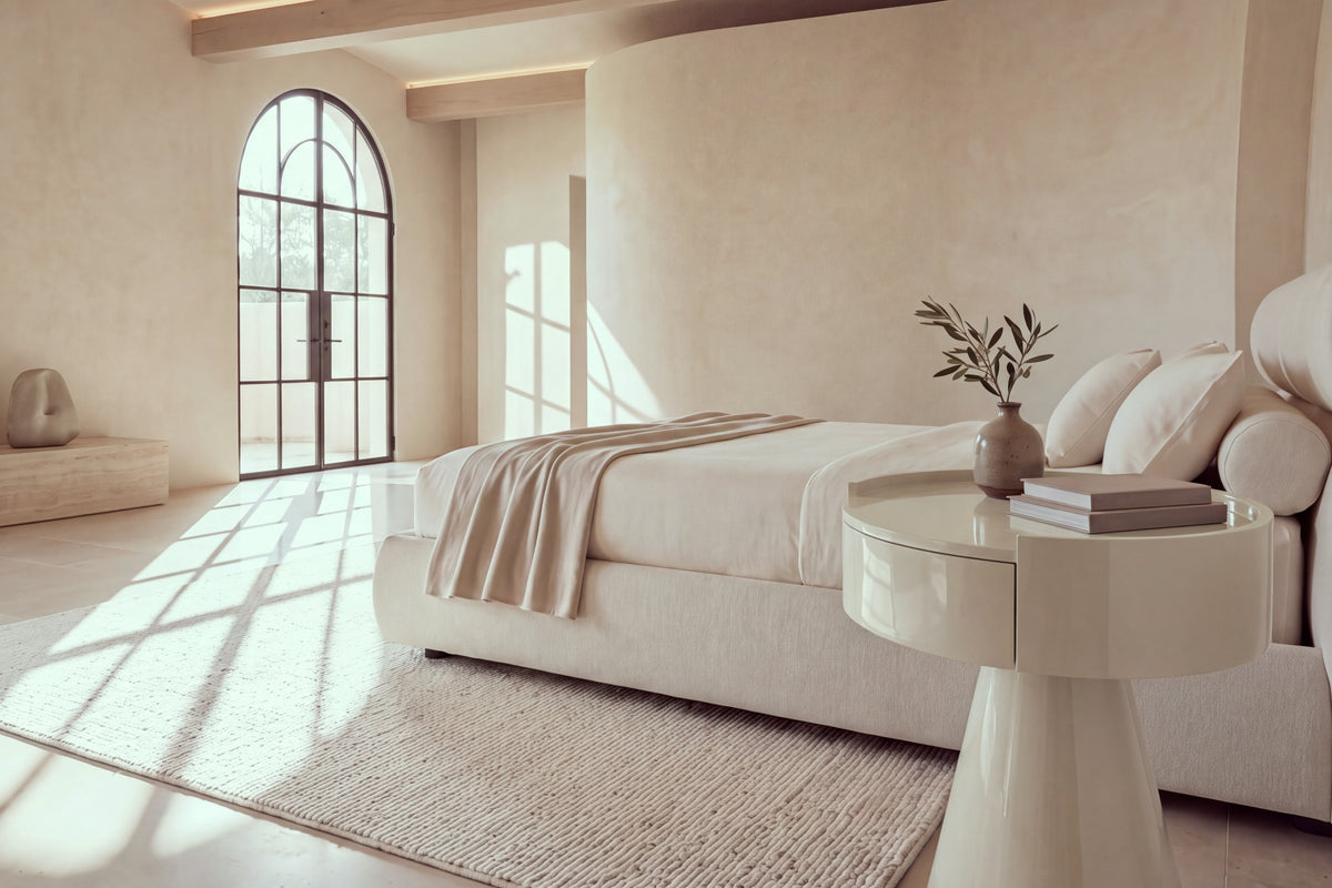 The Lenno bedside table in gloss beige beside a bed in a calm Japandi bedroom
