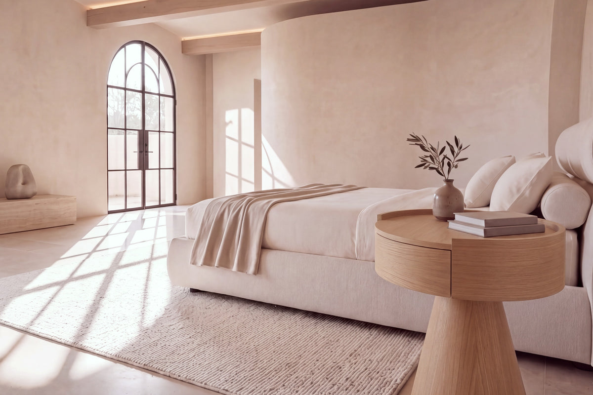 The Lenno Bedside Table in oak beside the Positano bed in a beamed limewash bedroom