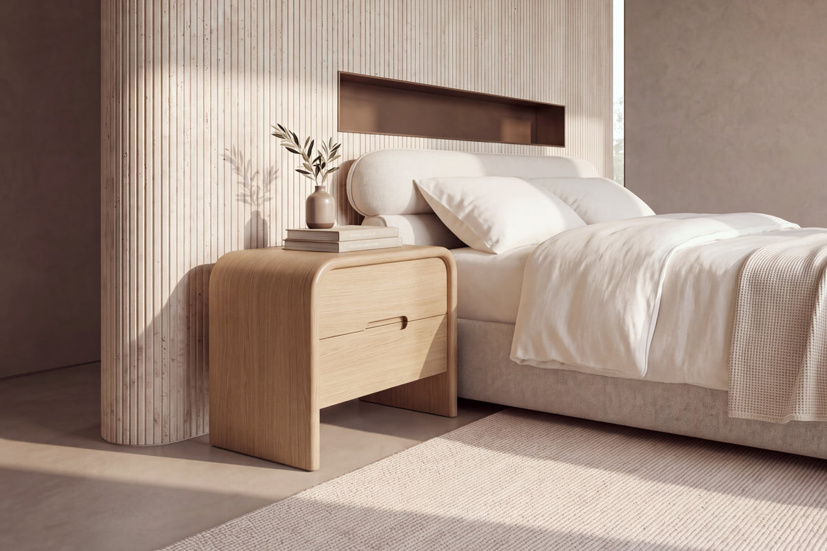 The Limone Bedside Table in oak beside the Positano bed against a fluted travertine wall