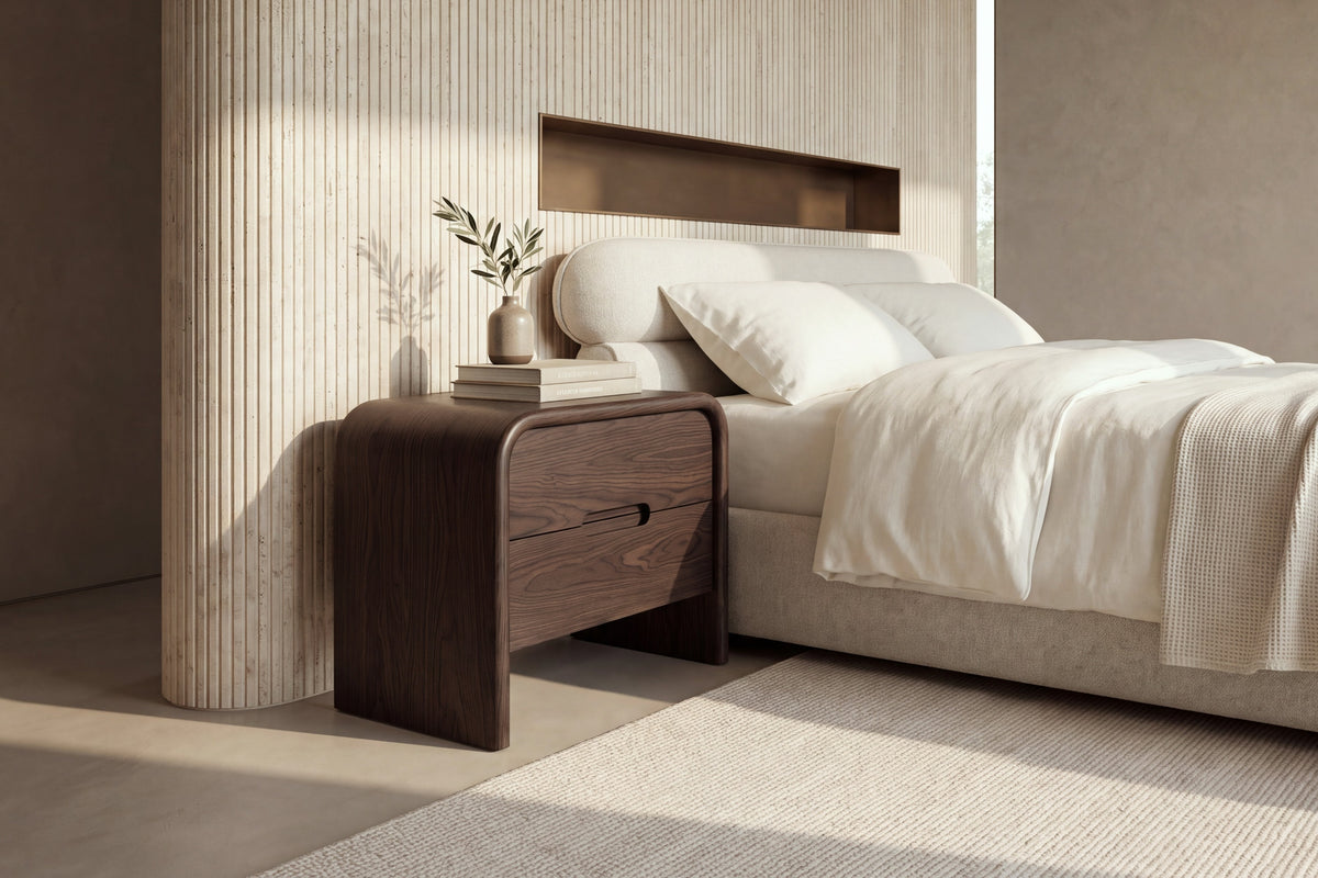 The Limone Bedside Table in walnut beside the Positano bed against a fluted travertine wall
