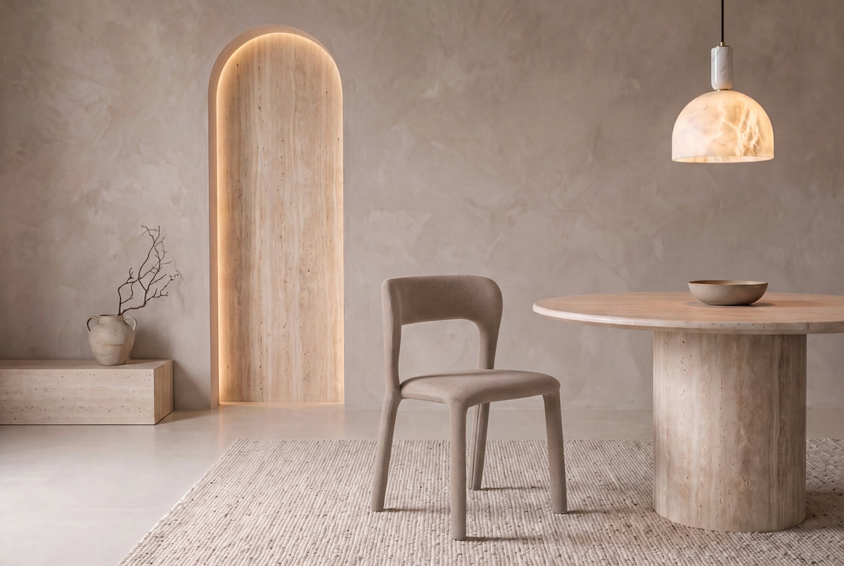 The Lucera Dining Chair in taupe, sculptural upholstered dining chair with an open curved back, styled in a room