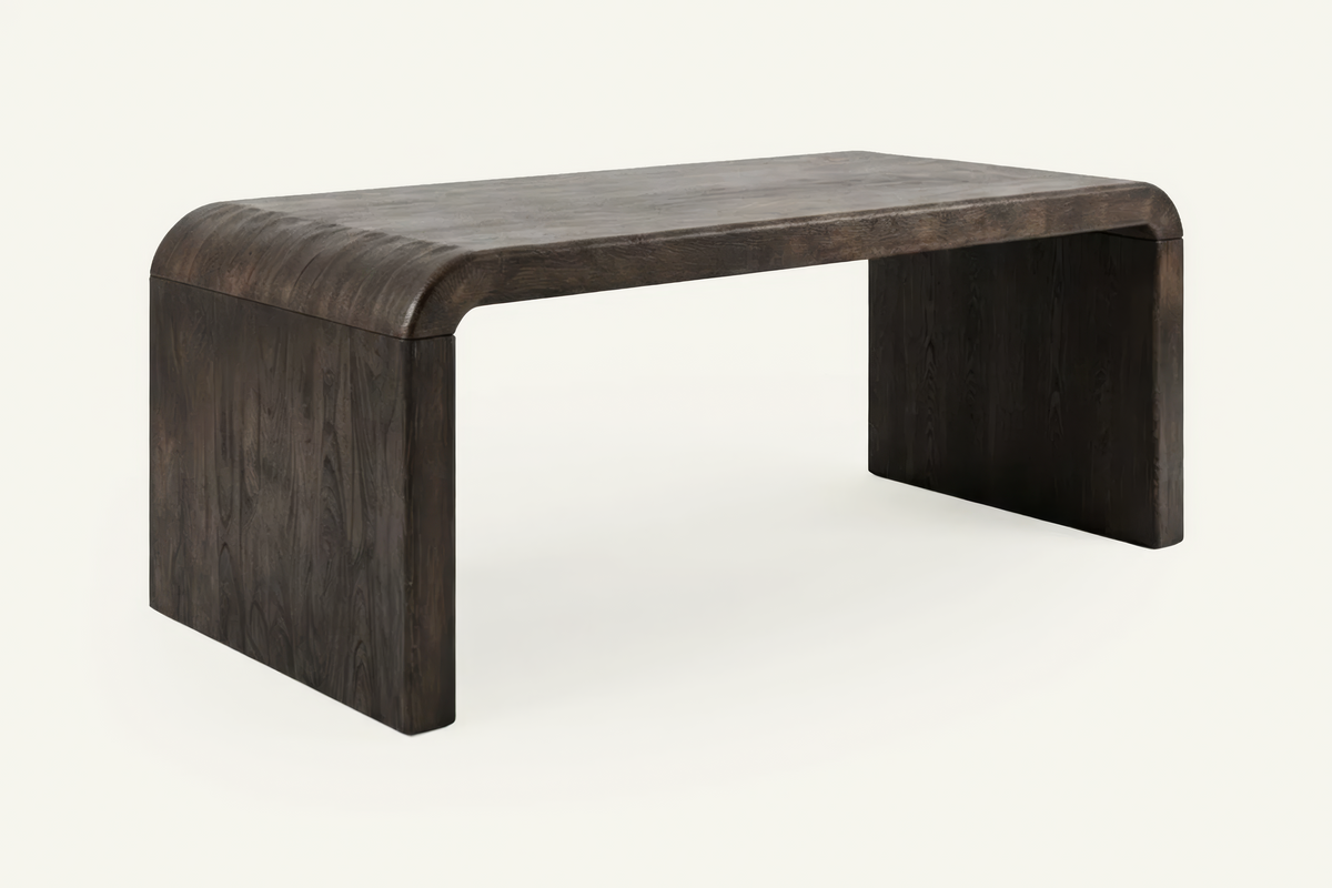 The Maratea Dining Table in dark walnut, dark walnut waterfall dining table, studio view