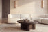 The Menaggio Round Coffee Table in walnut with the Ravenna sofa and Cinta alabaster wall lights