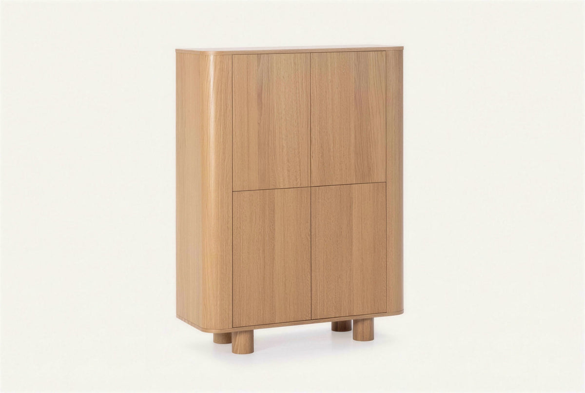 The Menton Highboard in oak, highboard with rounded sides, studio view