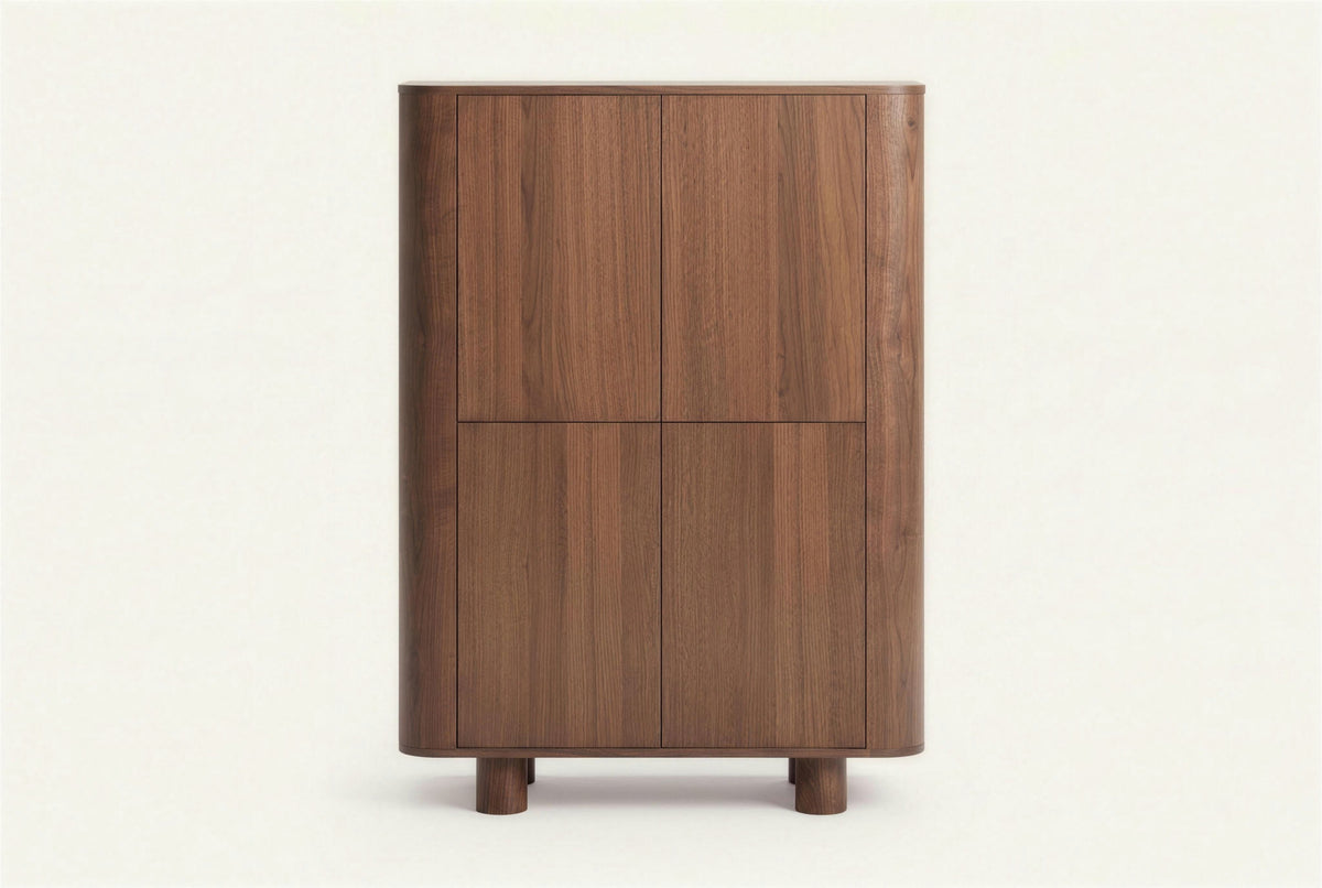 The Menton Highboard in walnut, highboard with rounded sides, studio view
