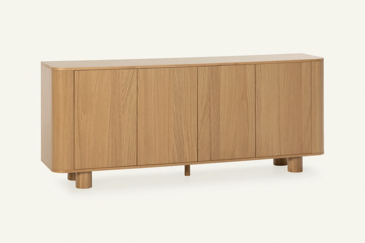 The Menton Sideboard in oak, sideboard with rounded ends, studio view