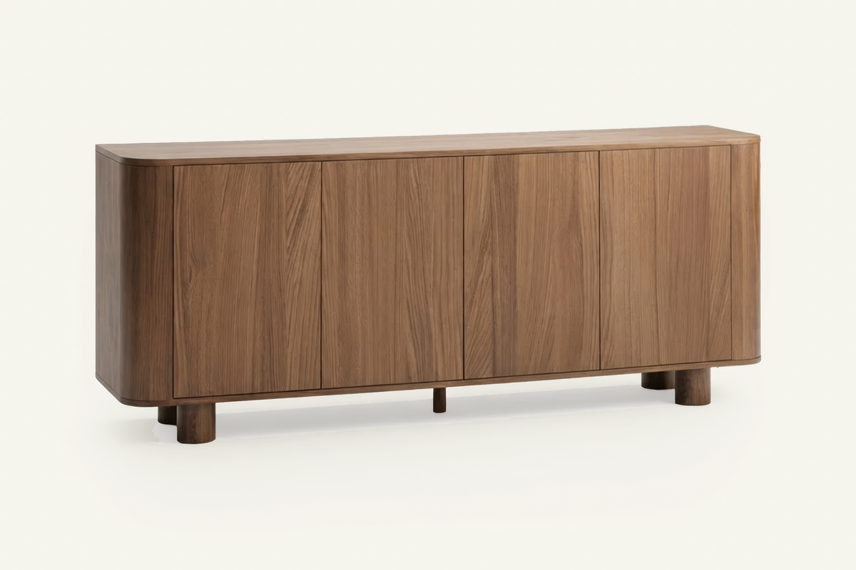 The Menton Sideboard in walnut, sideboard with rounded ends, studio view