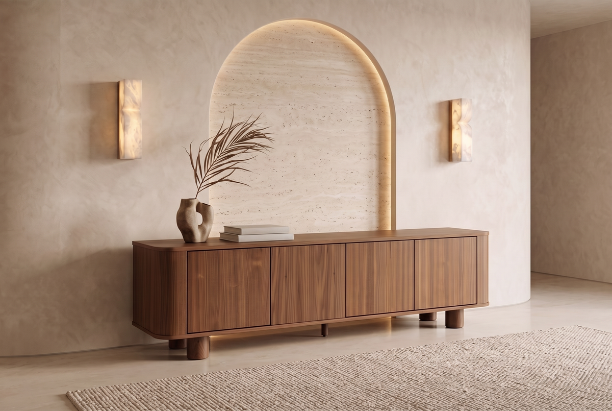 The Menton TV Unit in walnut beneath a lit travertine arch between two alabaster wall lights