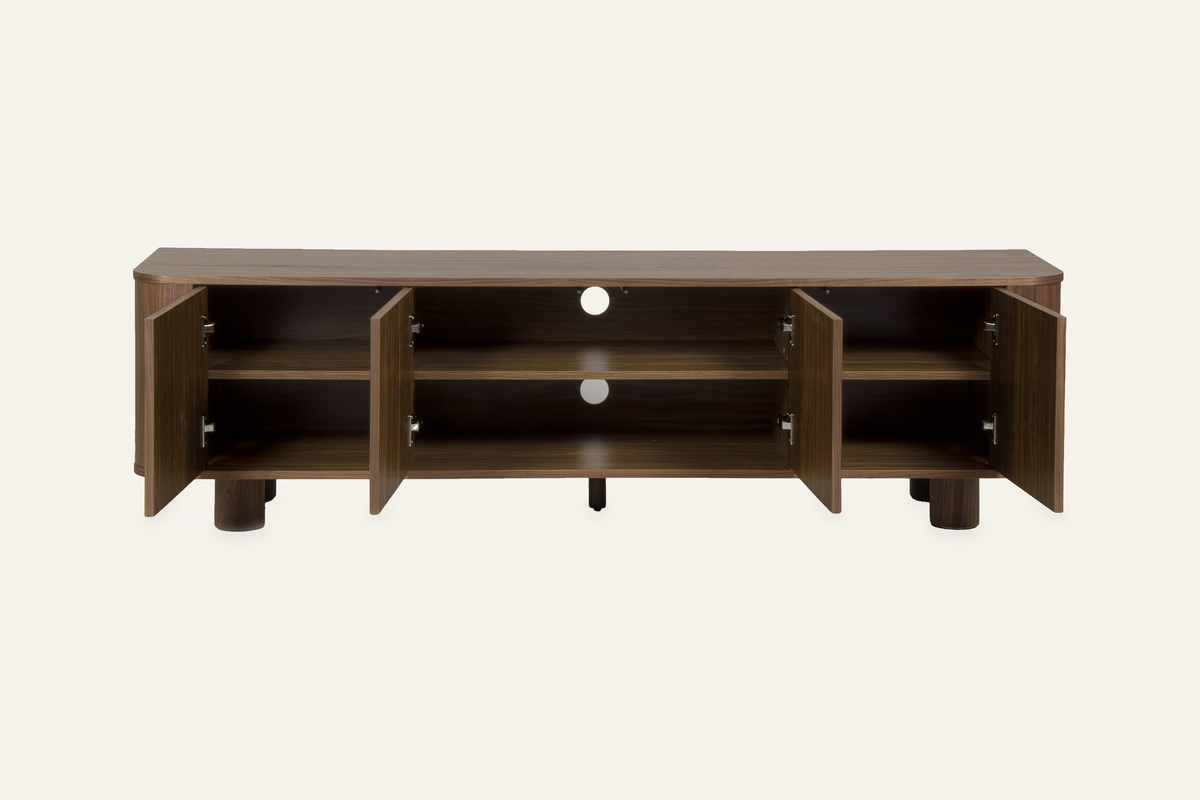 The Menton TV Unit in walnut with doors open