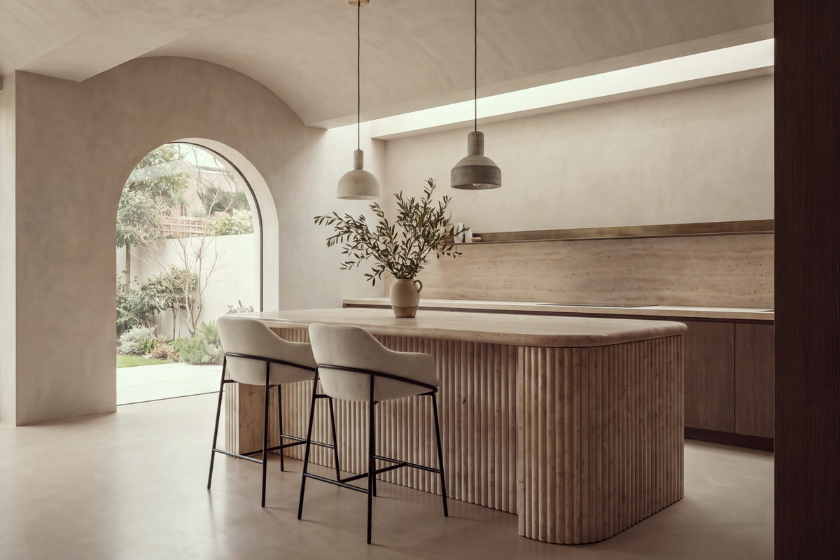 Two Moneglia Counter Stools in taupe with black legs at a fluted travertine kitchen island