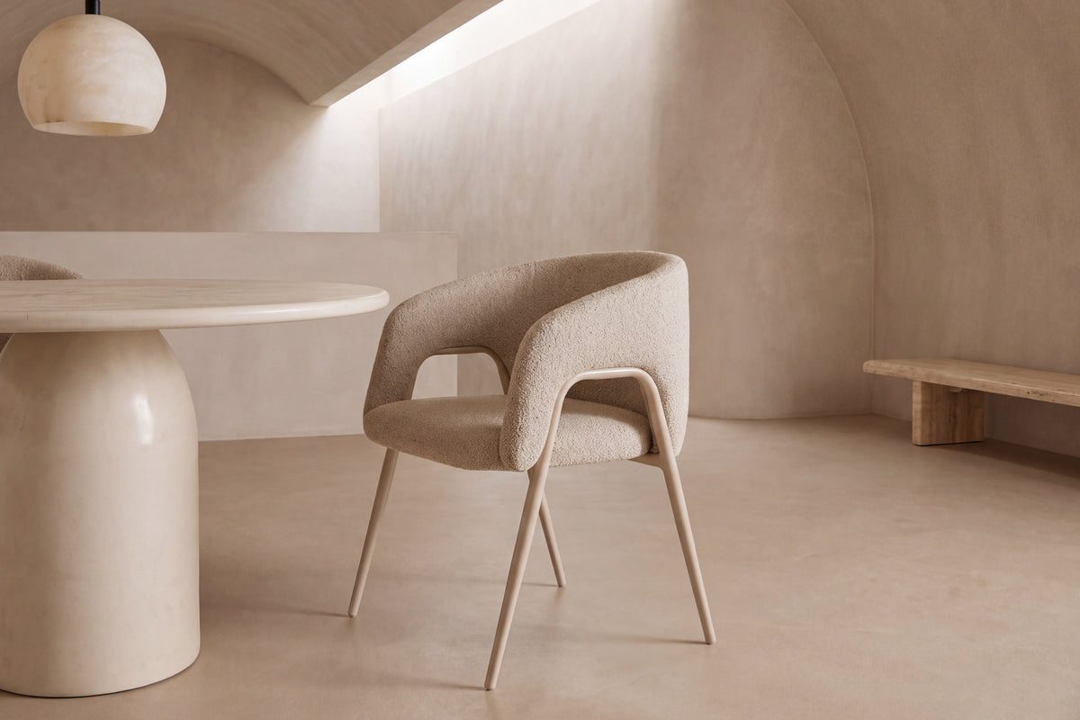 The Monopoli Dining Chair in beige, room setting, Kunal Trehan