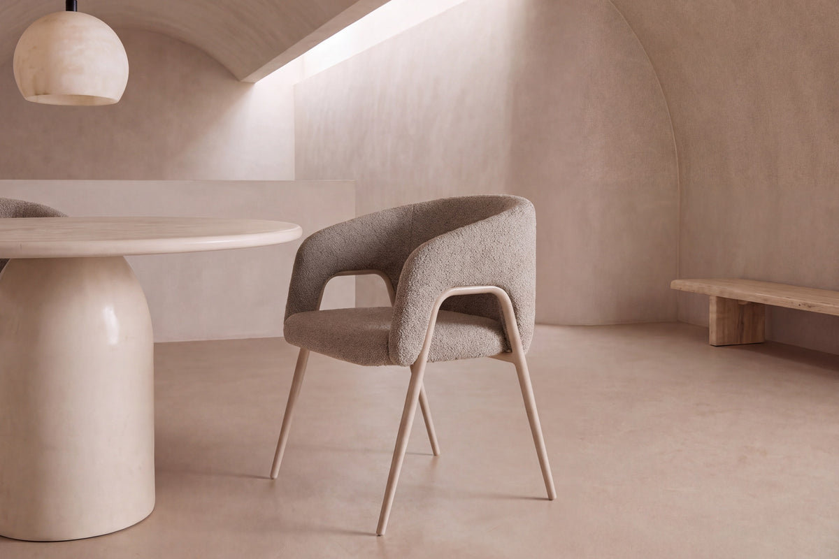 The Monopoli Dining Chair in taupe, room setting, Kunal Trehan