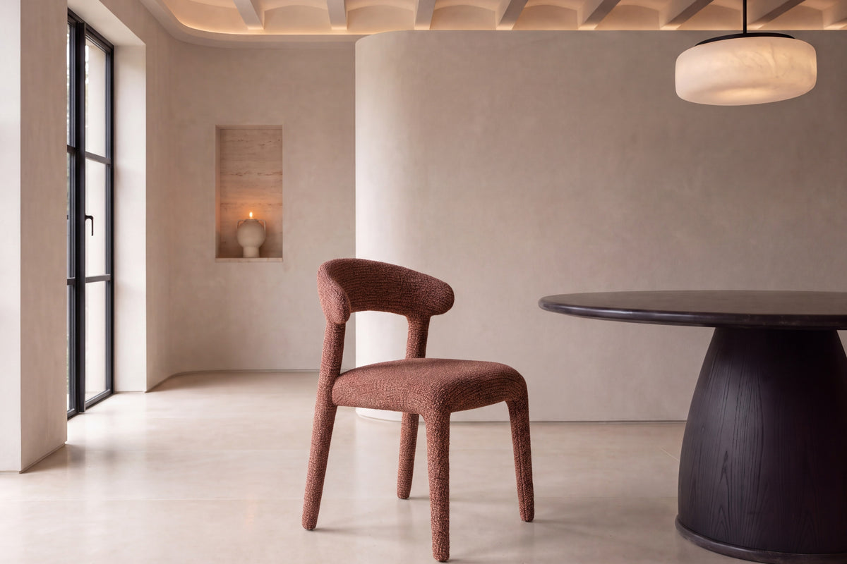 The Nardò Dining Chair in terracotta, room setting, Kunal Trehan