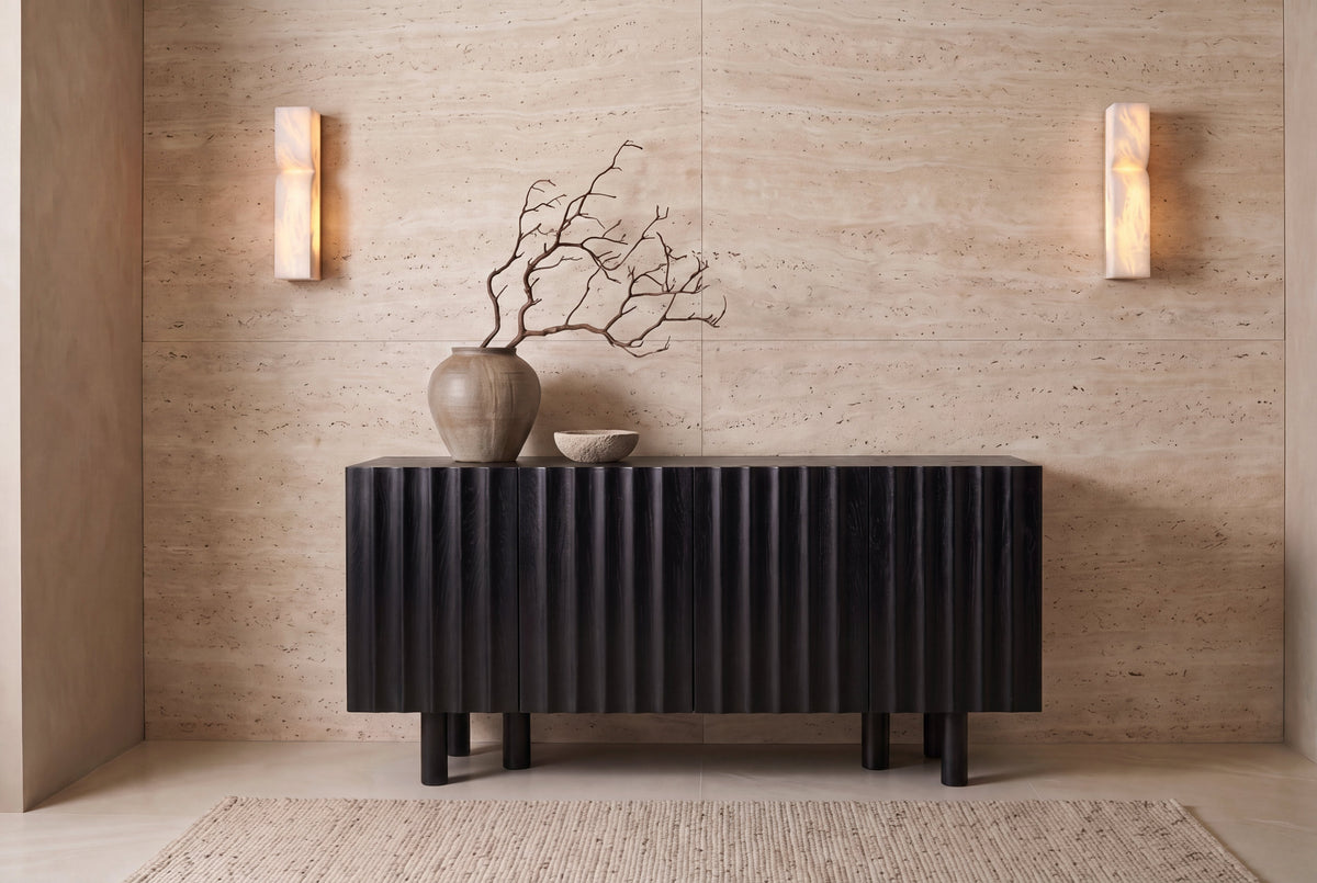 The Noli Fluted Sideboard in black, fluted mango wood sideboard, styled in a room