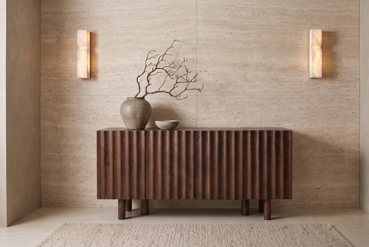 The Noli Fluted Sideboard in walnut, fluted mango wood sideboard, styled in a room