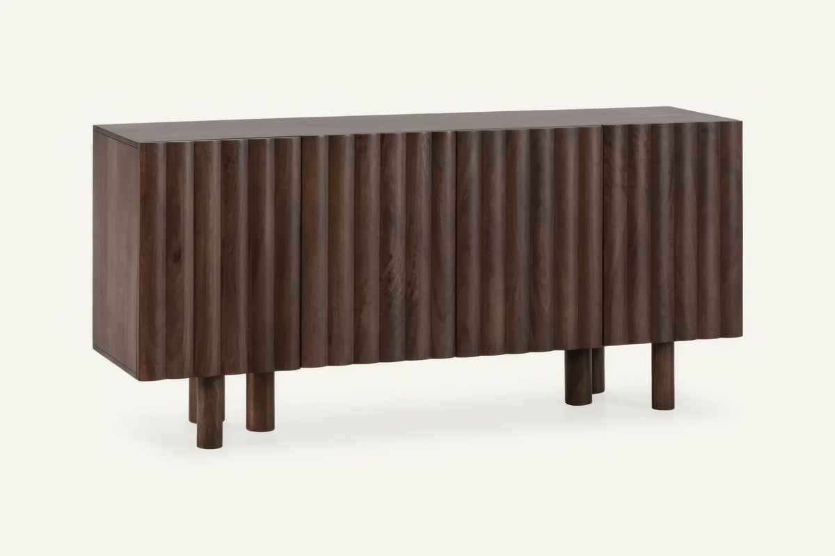The Noli Fluted Sideboard in walnut, fluted mango wood sideboard, studio view