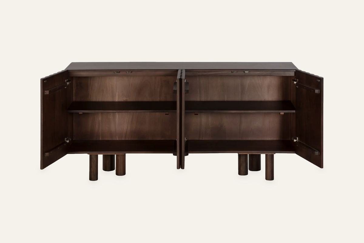 The Noli Fluted Sideboard in walnut, fluted mango wood sideboard, studio view